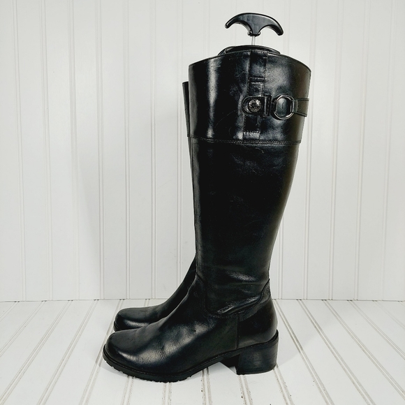 Anne Klein Evon Black Leather Slip On Block Heel Tall Winter Boots A890 - Picture 1 of 14